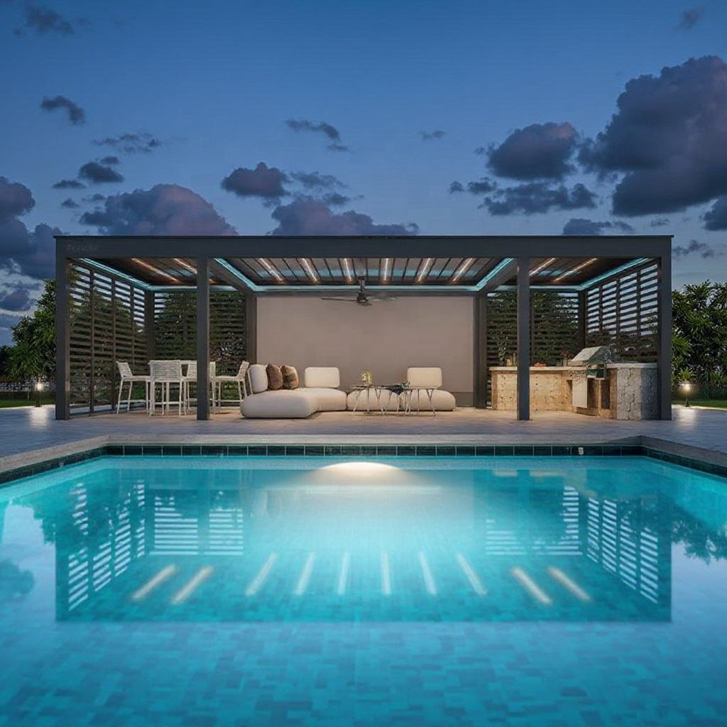 Outdoor Furniture Metal - ศาลาทรงสี่เหลี่ยมผืนผ้าอลูมิเนียมอัลลอยด์หลากหลายขนาด สำหรับสระว่ายน้ำเพื่อการพักผ่อน ป้องกันสนิม กันฝนกลางแจ้ง